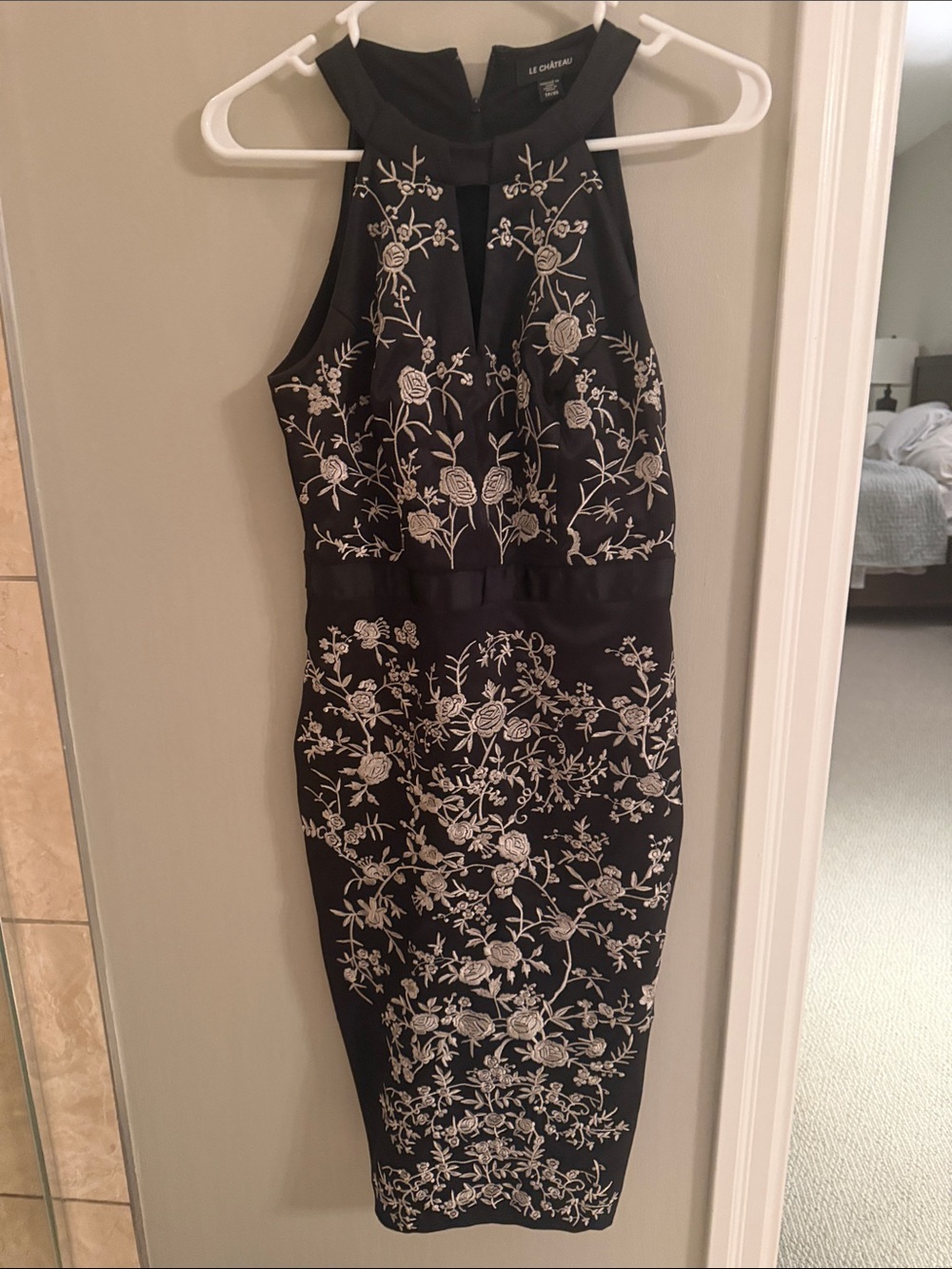 le chateau Black Midi Dress with White Floral Embroidery